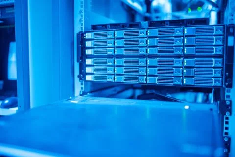 The server room tells the computer server that is working continuously. Conve Stock Photos