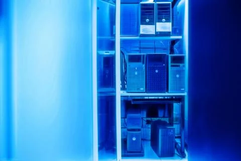 The server room tells the computer server that is working continuously. Conve Stock Photos