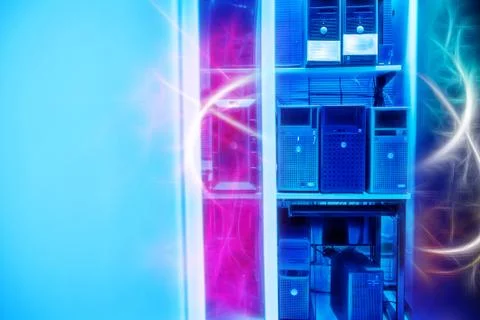 The server room tells the computer server that is working continuously. Conve Stock Photos