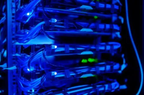 The server room tells the computer server that is working continuously. Conve Stock Photos