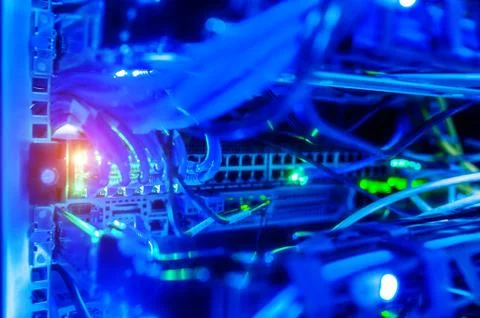 The server room tells the computer server that is working continuously. Conve Stock Photos