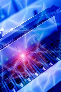 The server room tells the computer server that is working continuously. Conve Stock Photos