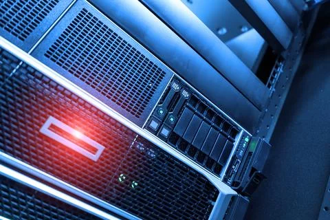 The server room tells the computer server that is working continuously. Con.. Stock Photos