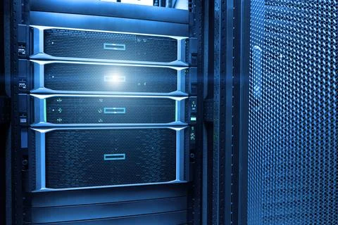 The server room tells the computer server that is working continuously. Con.. Stock Photos