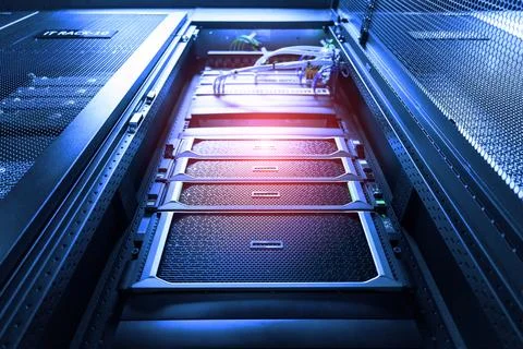 The server room tells the computer server that is working continuously. Con.. Stock Photos