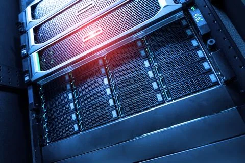 The server room tells the computer server that is working continuously. Con.. Stock Photos