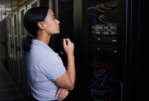 Server room, thinking or engineer for hardware or cybersecurity or machine in Stock Photos