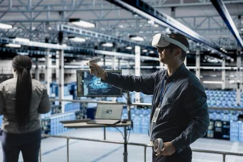 Server room worker visualizes server architecture using VR gear in data center Stock Photos