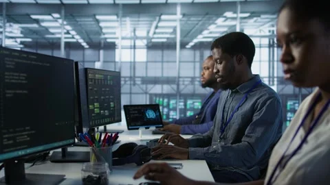 Server room workers using data analytics to monitor performance Stock Footage 319545978