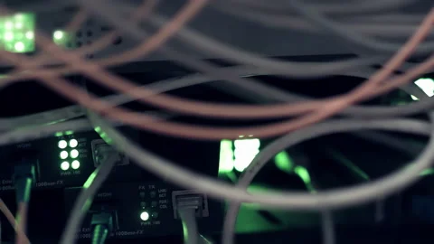 Server Router node Closeup. Network Ethernet Cables and LEDs Blinking Stock Footage 203735952