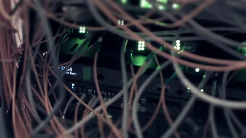 Server Router node Closeup. Network Ethernet Cables and LEDs Blinking Stock Footage 203736080