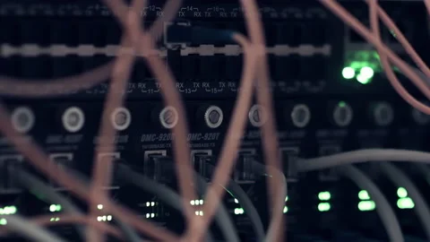 Server Router node Closeup. Network Ethernet Cables and LEDs Blinking Stock Footage 203736796