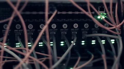 Server Router node Closeup. Network Ethernet Cables and LEDs Blinking Stock Footage 203736905