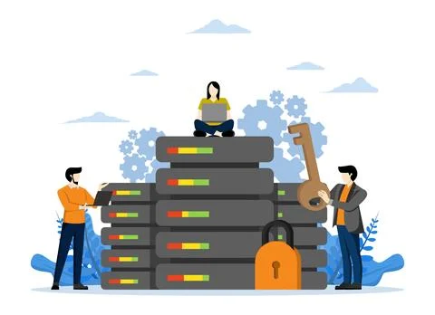 Server Security Concept, server managed by network administrator or IT team. Illustrazione stock