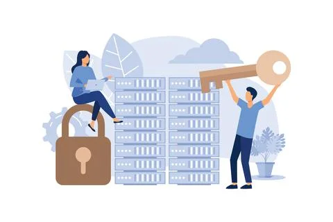 Server Security Concept, Showing the server is being maintained by a network  Stock Illustration