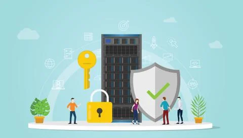 Server security concept with team people working together with padlock and se Stock Illustration