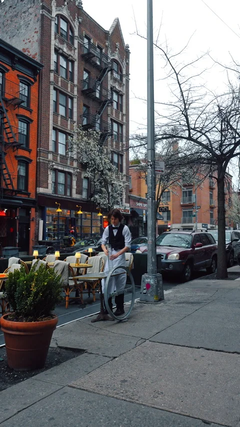 Server Setting Up Outdoor Restaurant Table New York Street Stock Footage 335415784