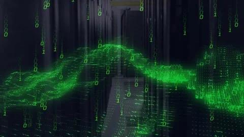 On server signal green waveform floating as binary digits cascading to represent Video stock 320089047