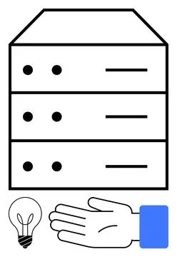 Server Stack, Hand of Support, and Light Bulb Icon Symbolizing Technology, .. Stock Illustration