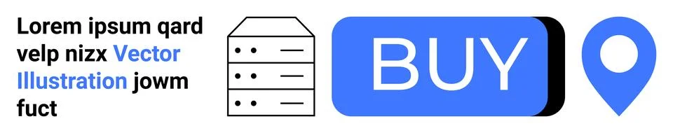 Server stack, large blue BUY button, and blue location pin. Ideal for web des Stock Illustration
