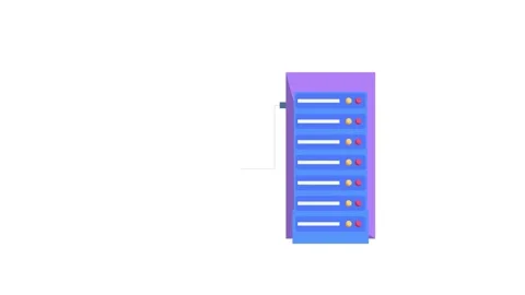 A server with a stack of smaller servers beside it and a coin placed on top.. Stock Footage 332341142