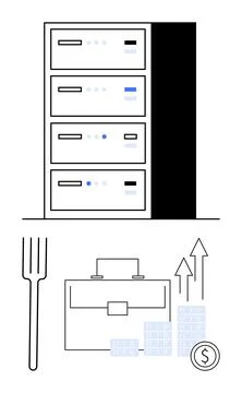 Server stack, upward arrow charts, and briefcase suggest business growth, dat 스톡 일러스트