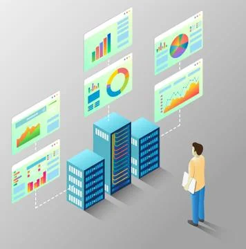 Server statistics vector isometric flow chart 库存插图