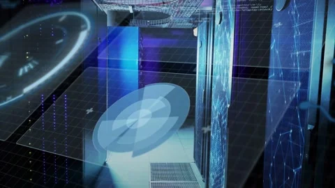 Server system initiating boot sequence, holographic disc rotating and projecting Stock Footage 332566508