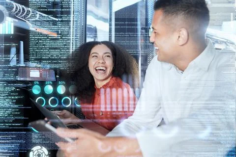 Server, team and tech for hologram repair with a man and woman in a networking Stock Photos