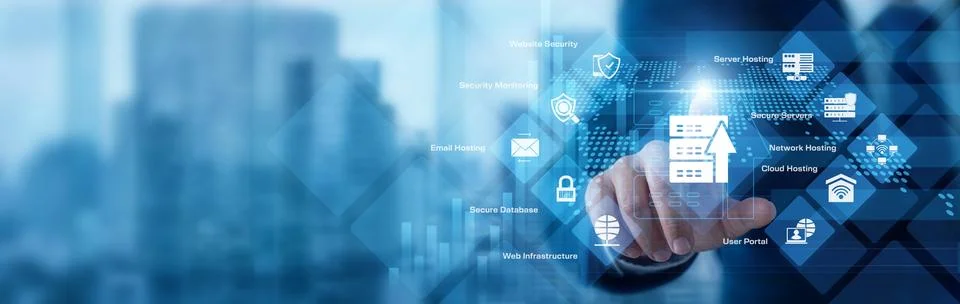 Server technician analyzing digital data pointing hand at Hosting provider .. Stock Photos