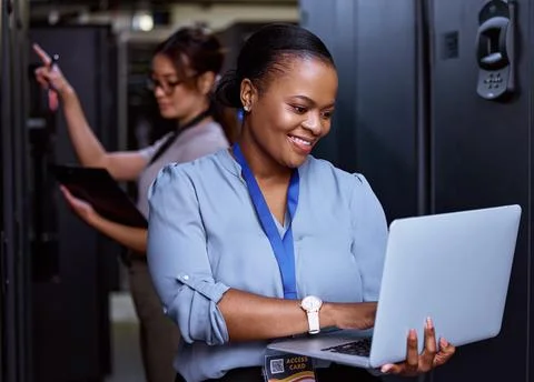 Server, technician and people programming maintenance on laptop with teamwork in 스톡 사진