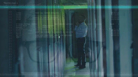 Server technician opening door, connecting to database for check, eyeglass Stock-Footage 313704222