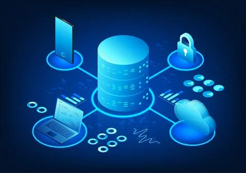 Server technology, connected to the cloud, with notebooks and mobile phones.. 스톡 일러스트