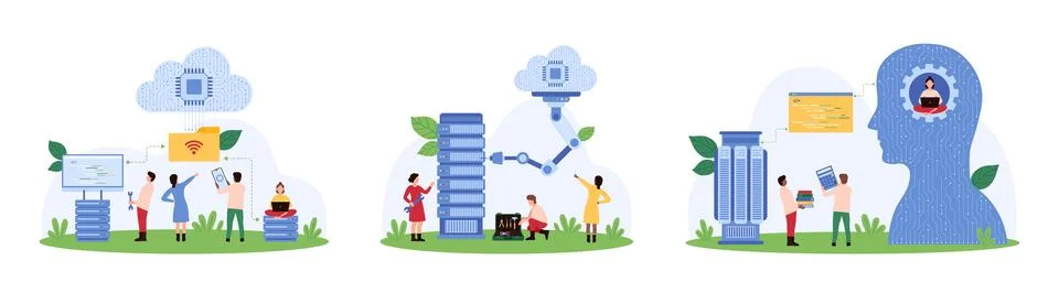 Server technology, machine learning, cloud computing with AI and tiny people set Stock Illustration