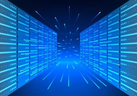 Server technology Servers are located in a room with a beam of light coming.. Illustration
