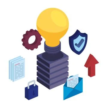 Server tower with bulb and data center icons Stock Illustration