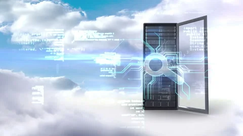 Server tower with magnifying glass on cloudy sky background Stock Footage 51801115