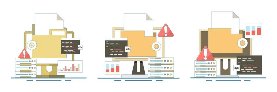 Server troubleshooting set featuring website code repair, bug fixing. イラスト素材