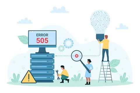 Server unavailable, tiny person holding magnifying glass to find connection Stock Illustration