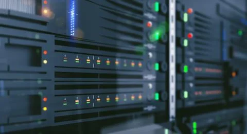 Server units in cloud service data center showing flickering light indicators Stock Illustration