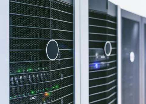 Server units in cloud service data center showing flickering light indicators Stock Photos
