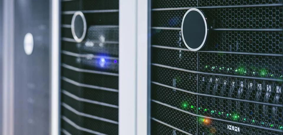 Server units in cloud service data center showing flickering light indicators Stock Photos
