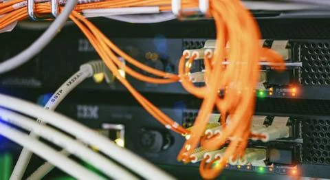 Server units in cloud service data center showing flickering light indicators Stock Photos