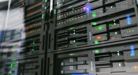 Server units in cloud service data center showing flickering light indicators Stock Photos