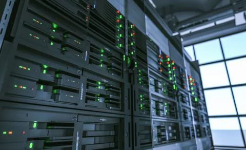 Server units in cloud service data center showing flickering light indicators Stock Photos