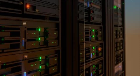 Server units in cloud service data center showing flickering light indicators Stock Photos