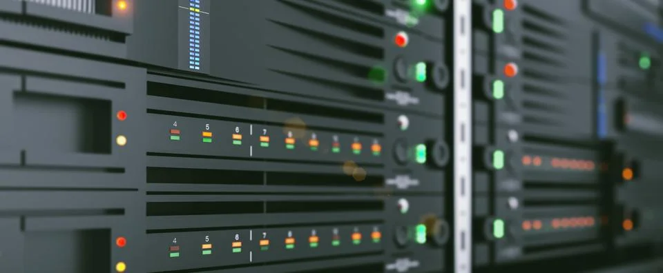 Server units in cloud service data center showing flickering light indicators Stock Photos