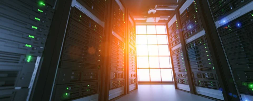 Server units in cloud service data center showing flickering light indicators Stock Photos