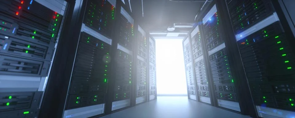 Server units in cloud service data center showing flickering light indicators Stock Photos