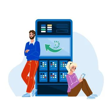 Server Uptime Checking Developers It Worker Vector Illustrazione stock